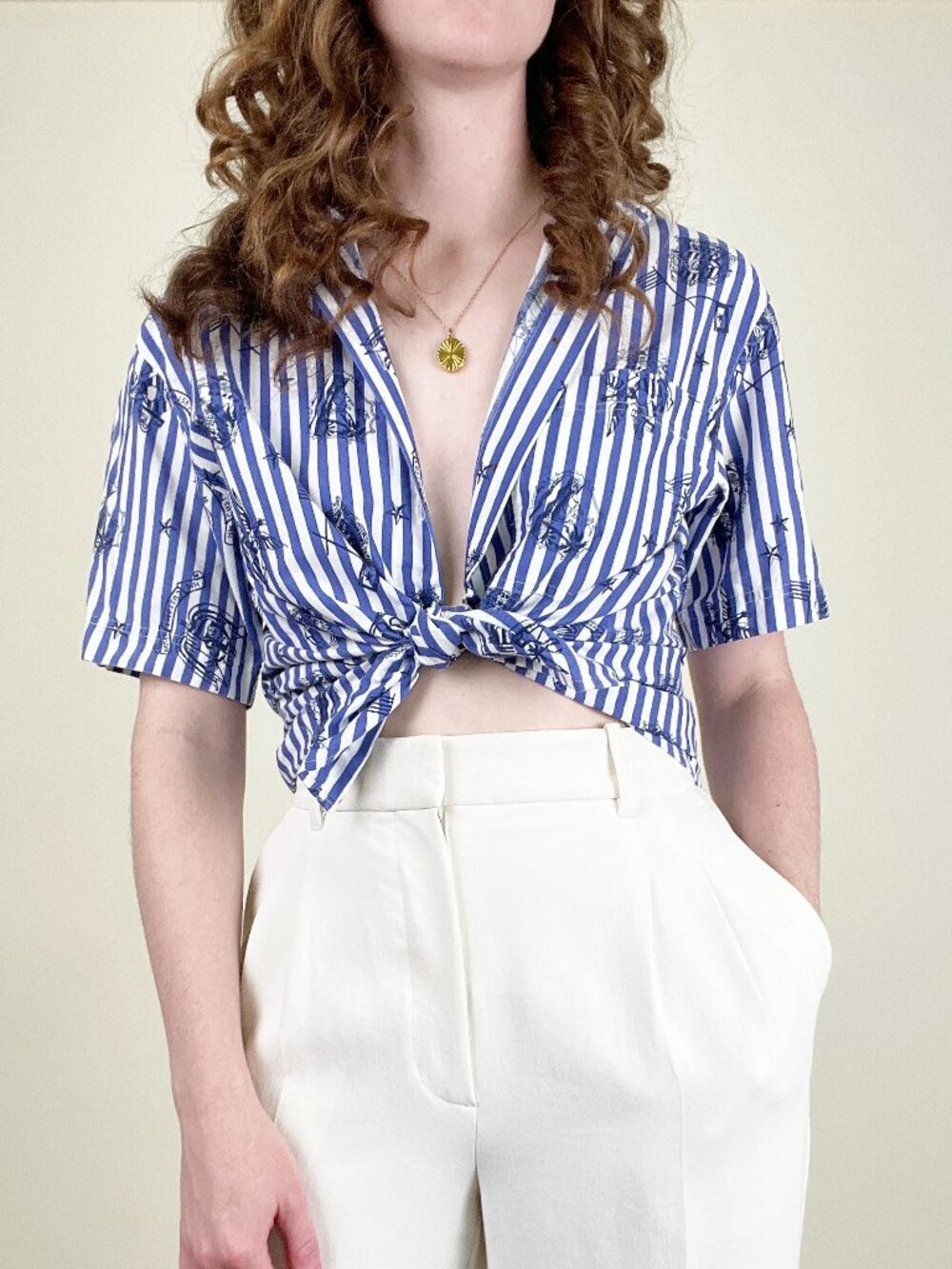 Vintage 1990's Nautical Coastal Top Button Down Shirt Blouse Oversized Loose Fit